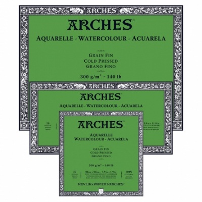 Blocos de papel para aguarela Arches com capas verdes e bordas decorativas