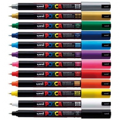 Conjunto de 10 marcadores Uni POSCA coloridos com corpo preto e tampas coloridas