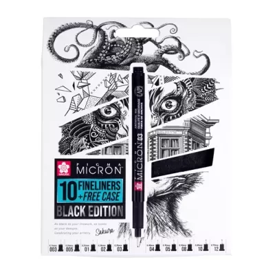 Pack de 10 canetas fineliner Sakura Pigma Micron Black Edition com estojo