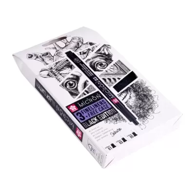 Estojo branco com ilustrações e canetas Micron preto