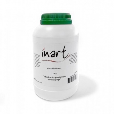 Frasco branco de cola multiusos Inart com tampa verde e texto em preto