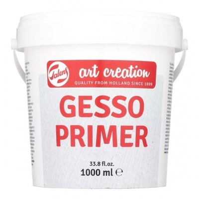 Recipiente branco de gesso primer Talens com rótulo vermelho e branco