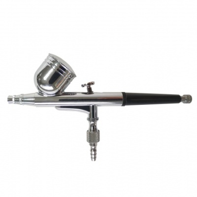 Aerógrafo metálico prateado com tanque superior e punho preto