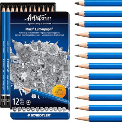 Conjunto de lápis Mars Lumograph Staedtler em caixa metálica azul escura
