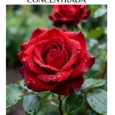 Rosa vermelha com gotas de água e texto essênca aromática concentrada rosas vermelhas 100ml
