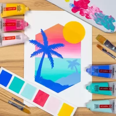 Tinta Gouache Color Peps, pincéis, paleta de madeira e pintura de palmeira e sol em papel