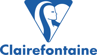 Logotipo da Clairefontaine com figura feminina estilizada em triângulo azul e texto azul