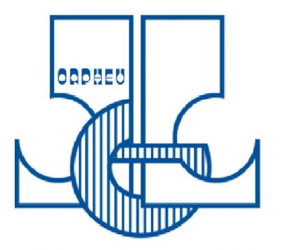 Logótipo azul com formas geométricas e texto ORPHEU