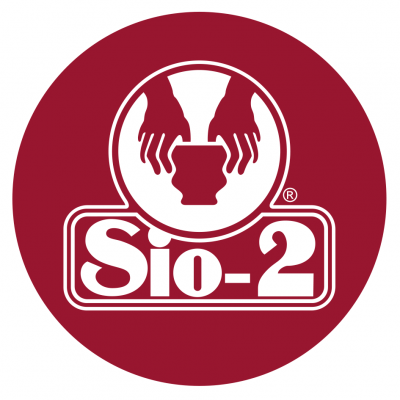 Logotipo vermelho com hands segurando um vaso e texto Sio-2 branco