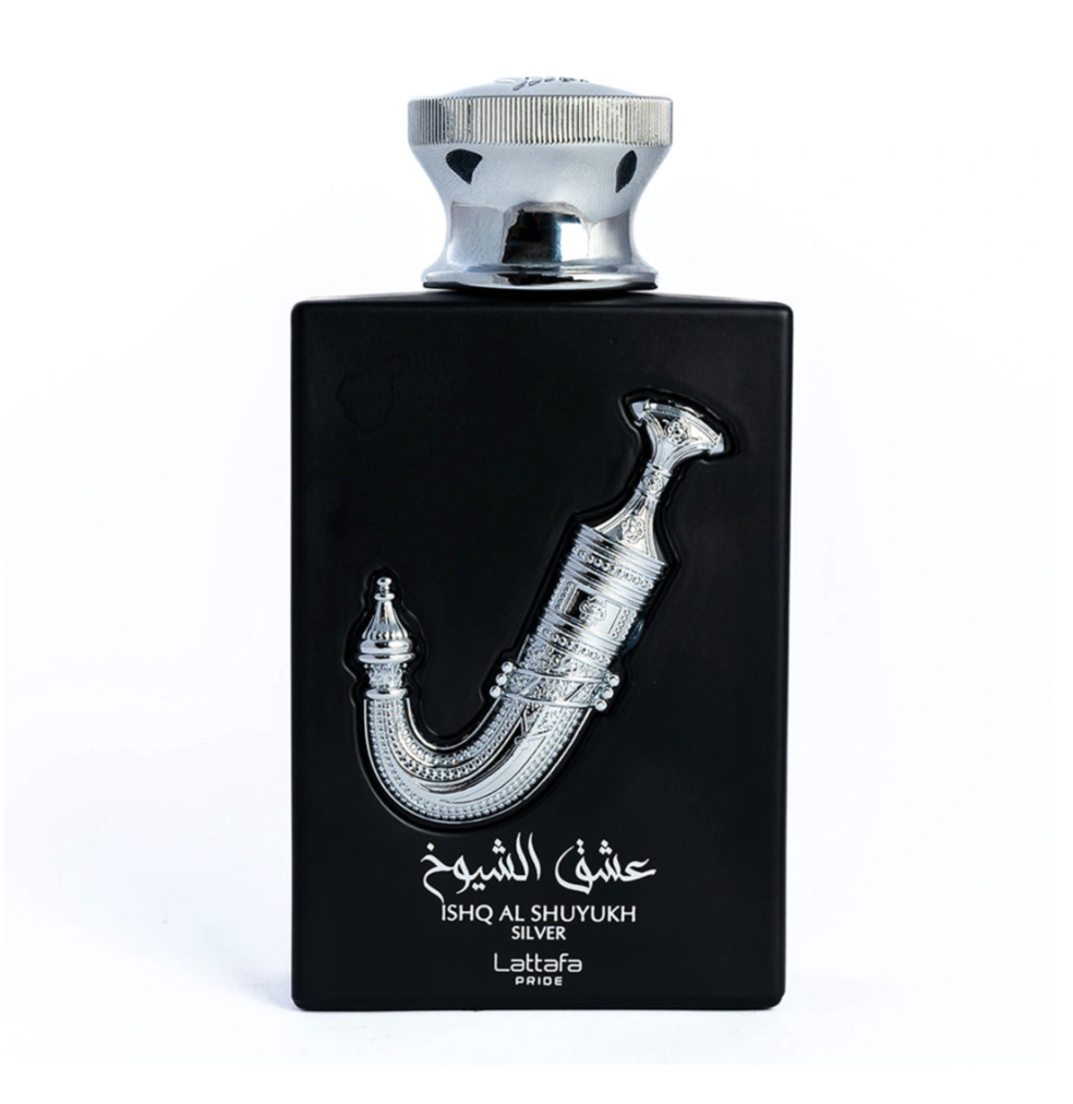 ISHQ AL SHUYUKH SILVER - Lattafa Pride Frasco de perfume preto com decoração prateada e texto branco