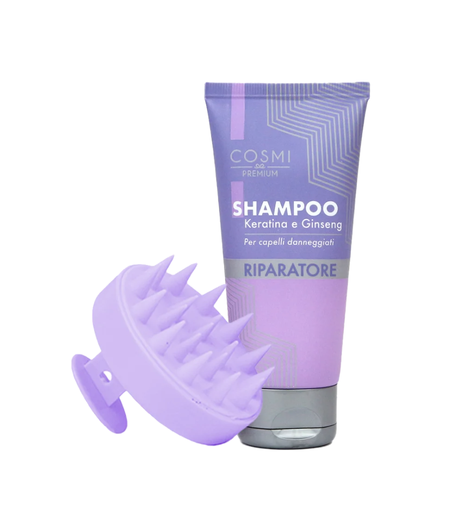 Conjunto Shampoo - Keratina e Ginseng Tubo de champô lilás COSMI PREMIUM com escova de silicone lilás para massagem no cabelo