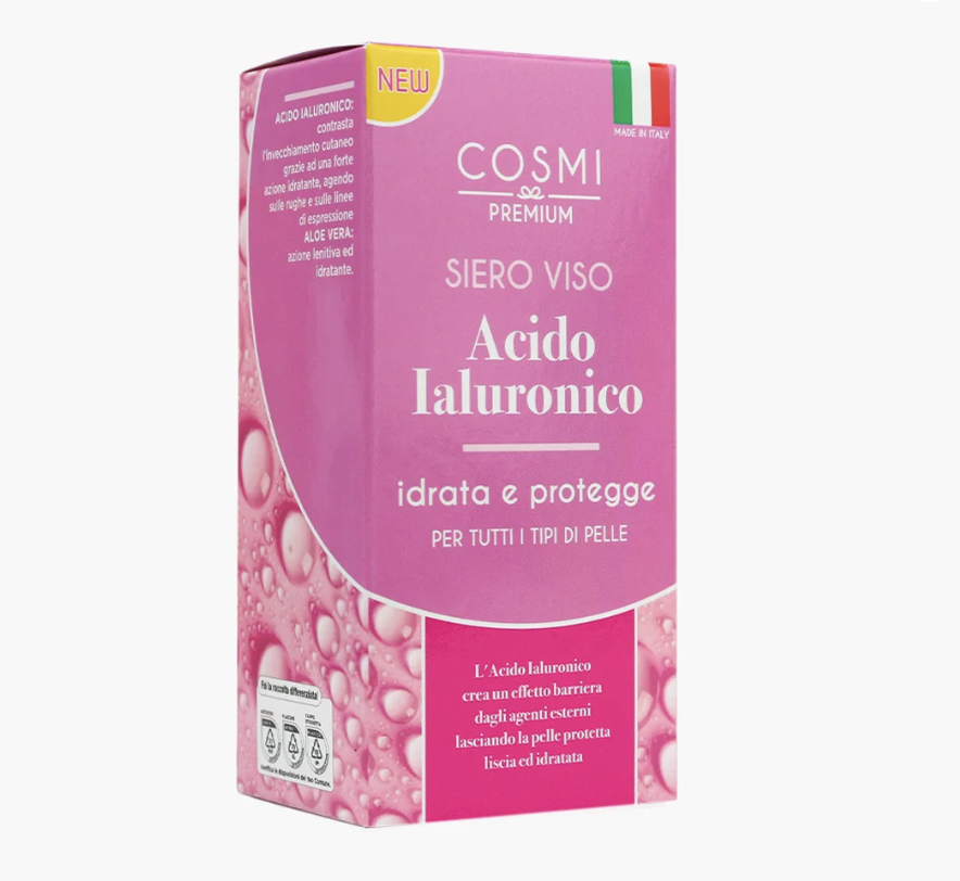 Serum Ácido Hialurónico Embalagem de soro facial rosa e lilás COSMI PREMIUM com texto em italiano