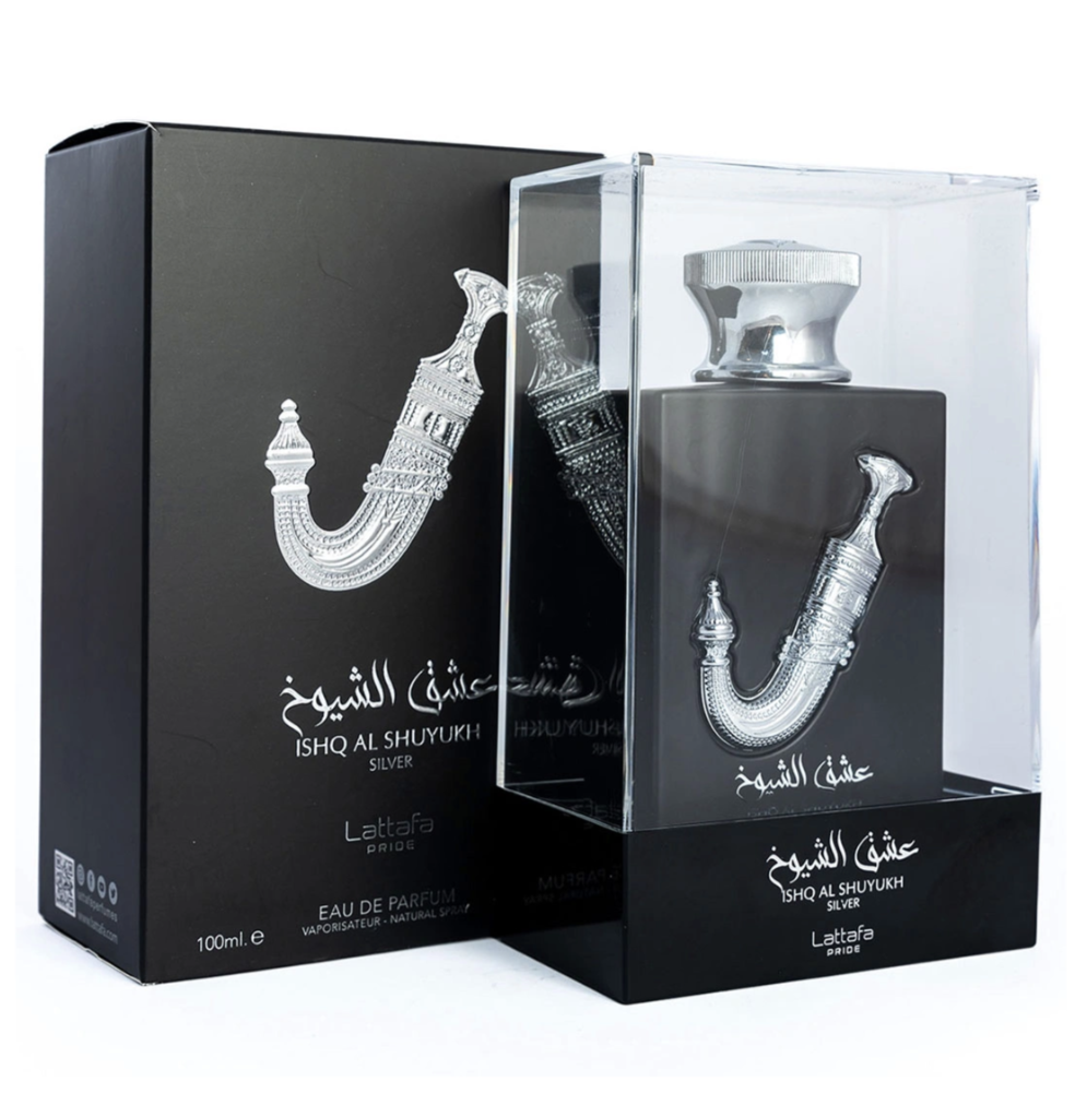 ISHQ AL SHUYUKH SILVER - Lattafa Pride Frasco de perfume Ishq Al Shuyukh Silver com embalagem preta e caixa transparente.