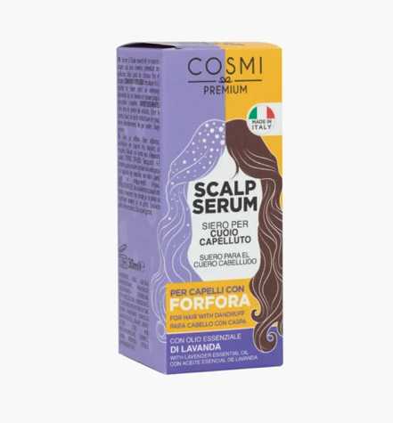 Serum Couro Cabeludo - Lavanda Embalagem de sérum para couro cabeludo COSMI PREMIUM com ilustração de cabelos e texto multilíngue