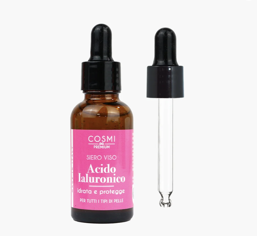 Serum Ácido Hialurónico Frasco de soro com rótulo rosa e conta-gotas preto em fundo branco
