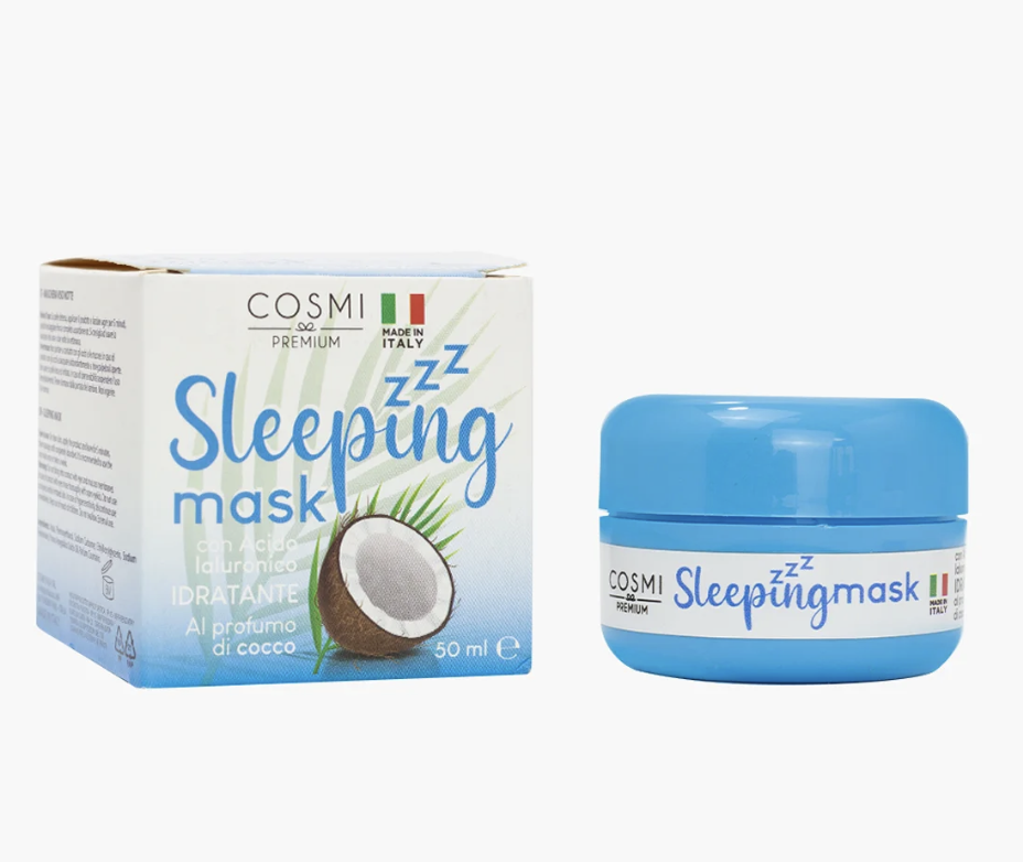 Máscara de Dormir Ácido Hialurónico Máscara hidratante COSMI Sleeping mask com extrato de coco, embalagem branca e azul
