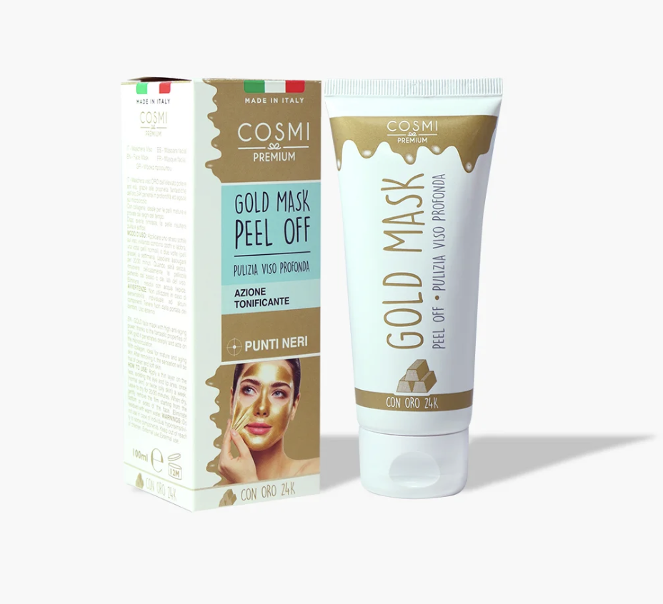 Máscara Profunda "Peel Off" Máscara facial peel off Cosmi Premium em tubo e caixa branca com detalhes dourados e texto azul