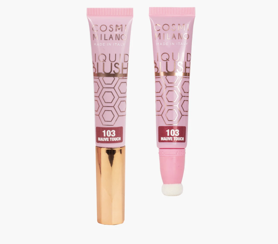 Blush Líquido c/ Aplicador N.103 Dois tubos cor-de-rosa de blush líquido COSMI MILANO 103 Mauve Touch com tampa dourada