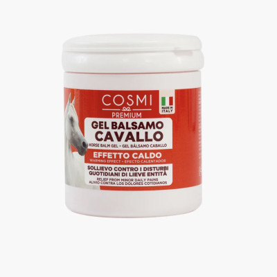 Frasco branco de Gel Bálsamo Cavalo com etiqueta vermelha e branca, marca COSMI PREMIUM.