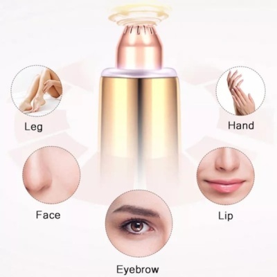 Dispositivo dourado de depilação com indicação de uso em perna, mão, rosto, lábio e sobrancelha