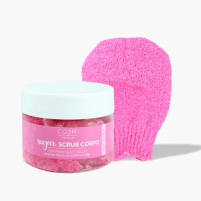 Pote de esfoliante corporal COSMI Premium com luva esfoliante rosa