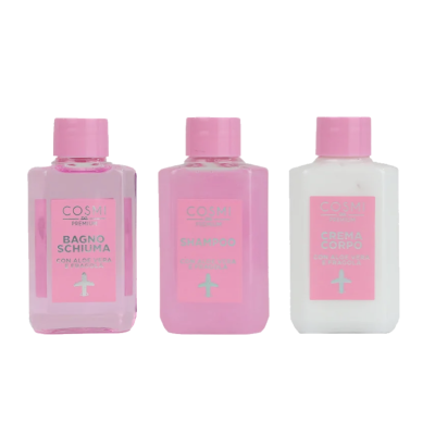 Três frascos pequenos de plástico rosa e branco de produtos COSMI Premium com etiquetas cor-de-rosa