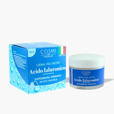 Frasco e caixa azuis do creme facial COSMI PREMIUM Ácido Hialurónico com tampa branca e gotas de água