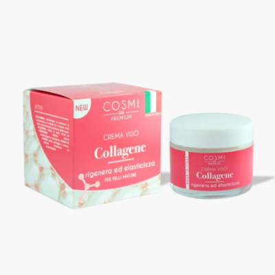 Creme facial Collagene Cosmi Premium com embalagem cor de rosa e branca.