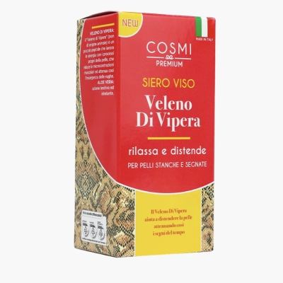 Embalagem vermelha e amarela Cosmi Premium Siero Viso Veleno Di Vipera com padrão de pele de cobra