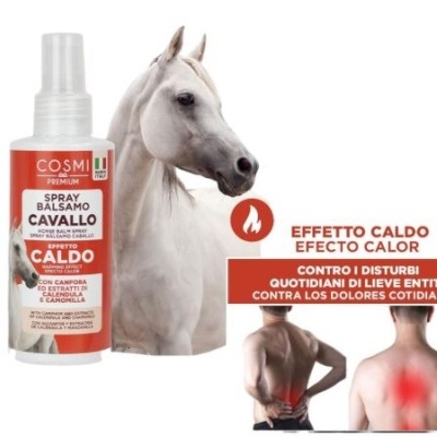 Spray balsâmico para cavalos com efeito calor, imagem de cavalo e pessoas com dor nas costas
