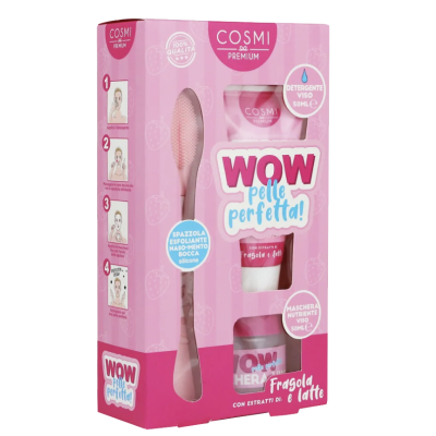 Conjunto de cuidados de pele facial rosa COSMI Premium com escova esfoliante e produtos em frascos visíveis