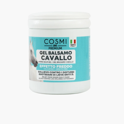 Frasco de gel bálsamo para cavalo COSMI PREMIUM com rótulo azul e imagem de cavalo