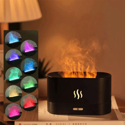 Humidificador preto com luzes LED coloridas simulando fogo
