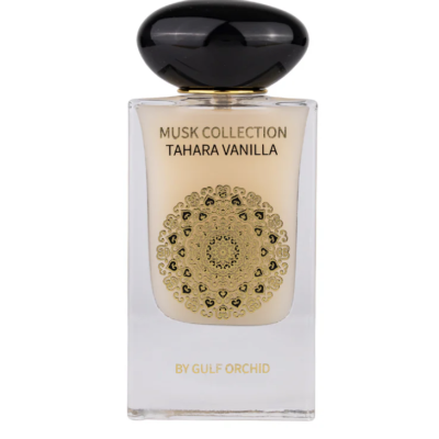 Frasco de perfume Musk Collection Tahara Vanilla com padrão dourado e tampa preta.
