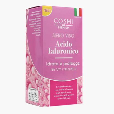 Embalagem de soro facial rosa e lilás COSMI PREMIUM com texto em italiano