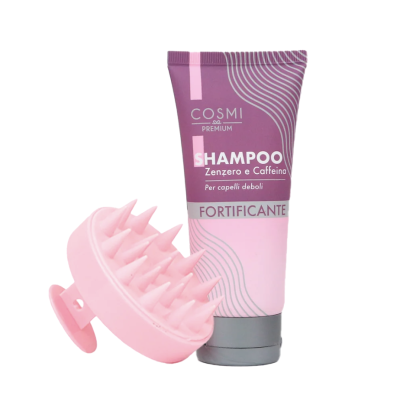 Tubo de shampoo roxo e rosa ao lado de escova de silicone rosa com cerdas longas