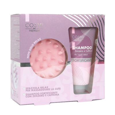 Caixa de produto COSMI PREMIUM com escova rosa e tubo de champô fortificante