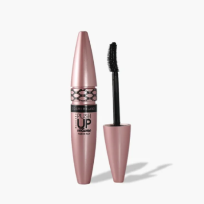 Máscara de pestanas COSMI MILANO Push Up Volume rosa metálica com texto preto e branco