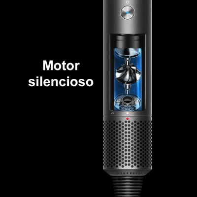 Aspirador vertical preto com motor visível e texto Motor silencioso