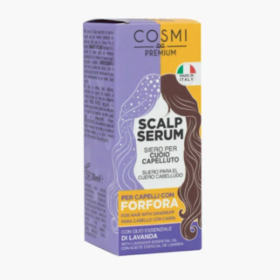 Embalagem de sérum para couro cabeludo COSMI PREMIUM com ilustração de cabelos e texto multilíngue
