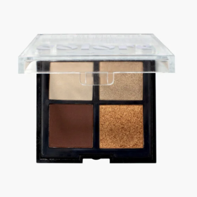 Paleta de sombras com quatro cores em embalagem preta com tampa transparente