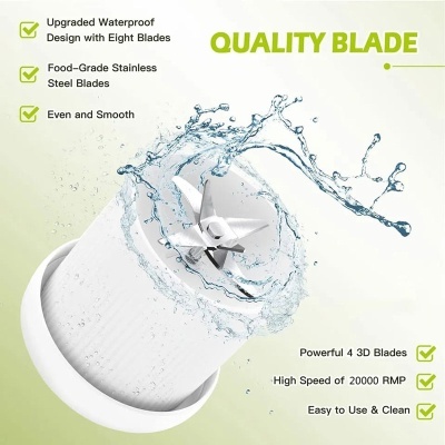 Lâmina branca com oito lâminas em aço inoxidável e splash de água, com texto descritivo em verde