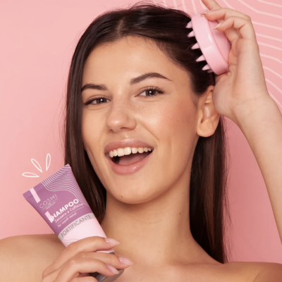 Mulher segurando champô rosa e massageador de cabeça rosa