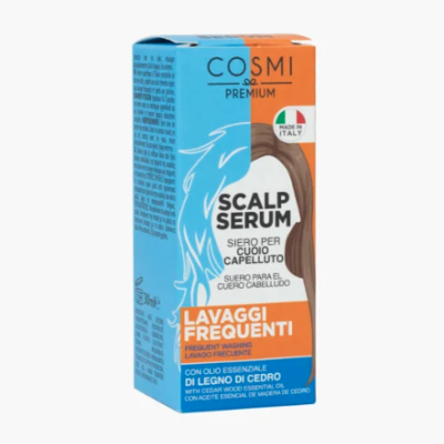 Embalagem de soro para couro cabeludo azul, laranja e branco