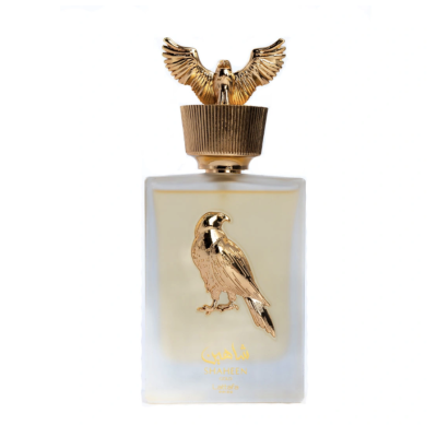 Frasco de perfume com falcão dourado e tampa decorativa dourada com falcão