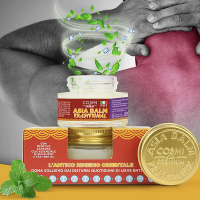 Frasco de ASIA BALM PREMIUM com embalagem vermelha e amarela e folhas de hortelã, braços musculosos ao fundo com pescoço em vermelho