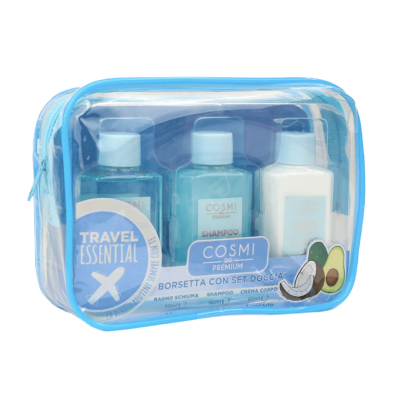 Estojo de viagem transparente azul com três frascos de líquidos de 60 ml da COSMI Premium.