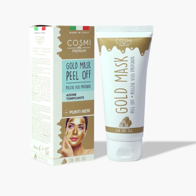 Máscara facial peel off Cosmi Premium em tubo e caixa branca com detalhes dourados e texto azul