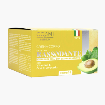 Embalagem amarela do creme corporal COSMI PREMIUM com abacate ao lado