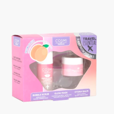 Conjunto de produtos COSMI PREMIUM para cuidados de pele em embalagem rosa e lilás com ilustração de pêssego.